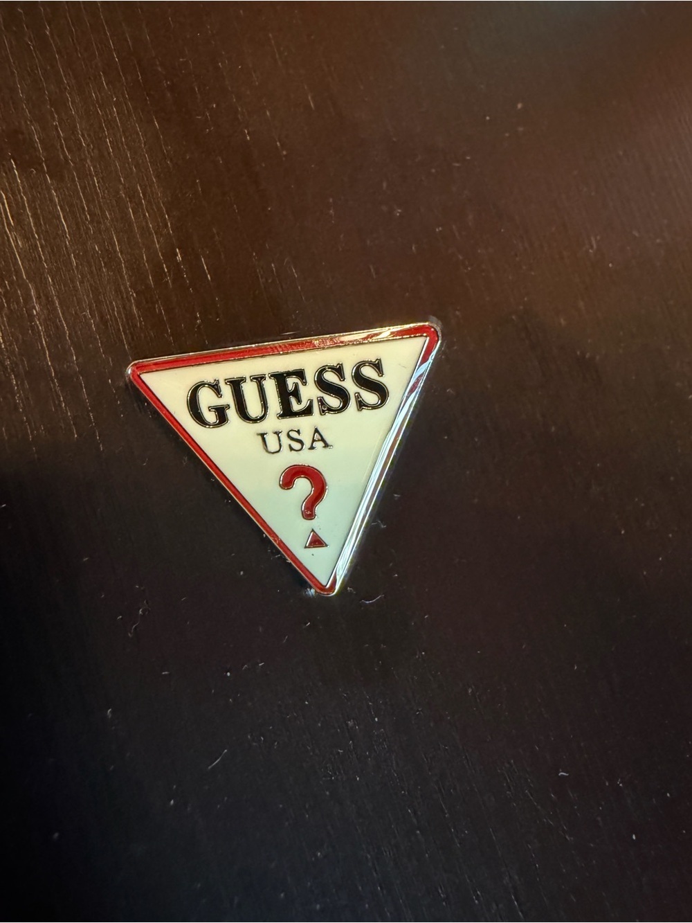 Vintage Guess Triangular Logo Enamel Pin in White, Red & Black